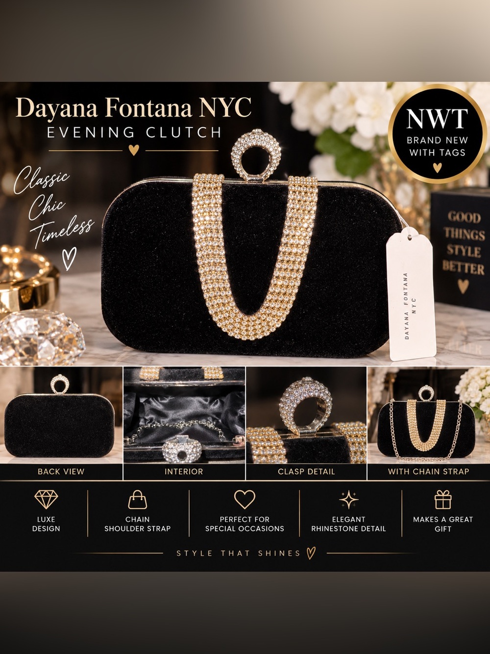 💎 NWT Dayana Fontana NYC Black & Gold Rhinestone Clutch 🖤